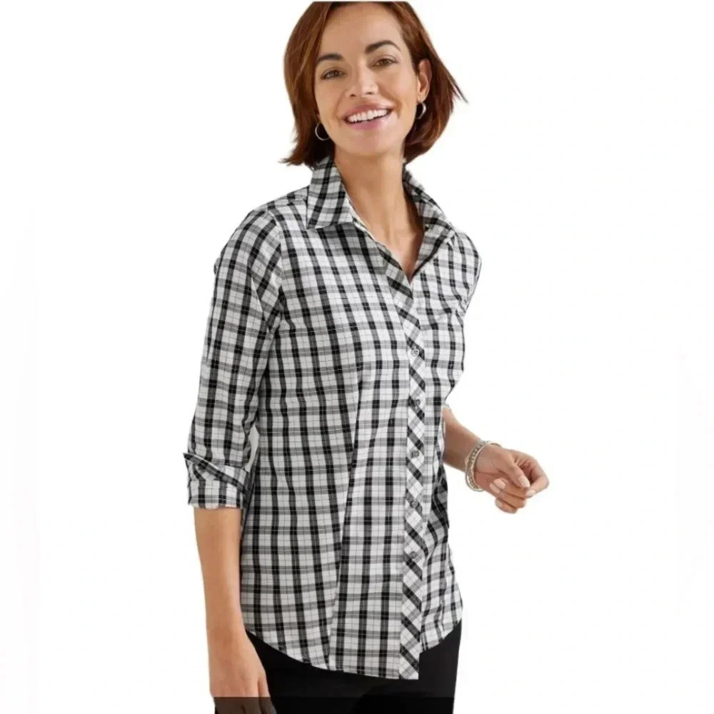 TALBOTS | Non-Iron Perfect Shirt - Black and White Plaza Plaid Shirt Size 12P